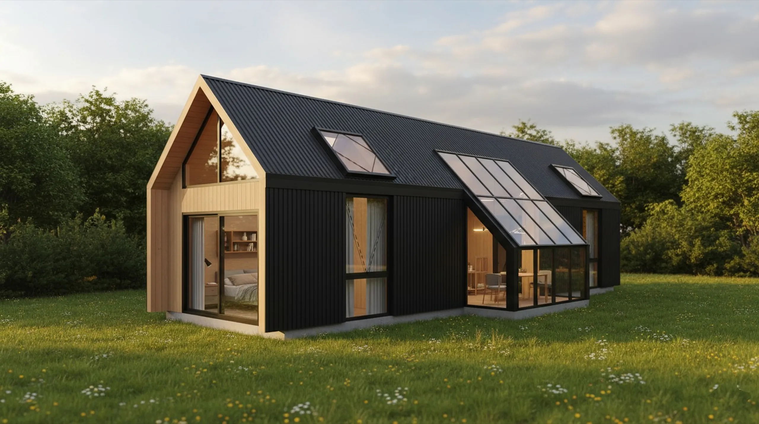 Casa de madera terminada con jardín de invierno